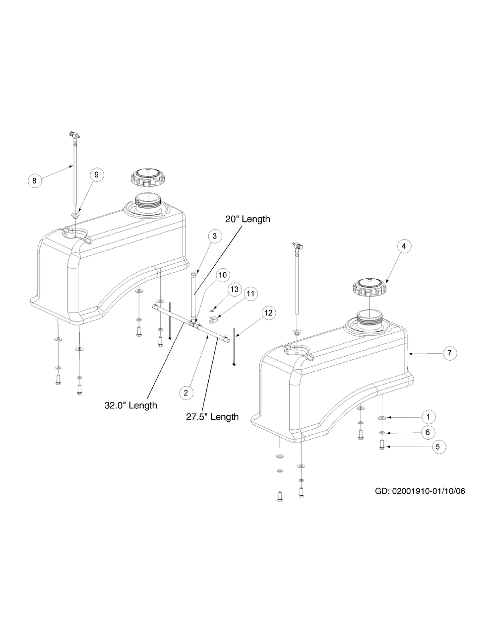 Fuel Tank Assembly Diagram and Parts List for M72-GN33 53CB5FJZ750-33HP-OHV Cub Cadet Lawn Tractor